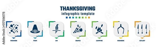 thanksgiving concept infographic design template. included firework, pirim, aw, grapes, campfire, wishbone, cutlery icons and 7 option or steps.
