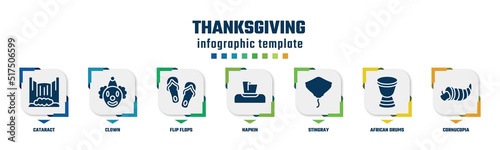thanksgiving concept infographic design template. included cataract, clown, flip flops, napkin, stingray, african drums, cornucopia icons and 7 option or steps.