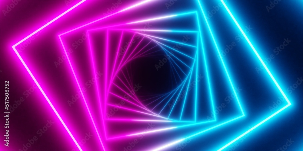 Modern, abstract multiple wireframe squares blue and pink glowing neon light frames twisted tunnel over black background