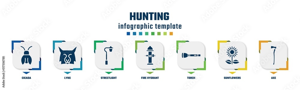 hunting concept infographic design template. included cicada, lynx, streetlight, fire hydrant, torch, sunflowers, axe icons and 7 option or steps.