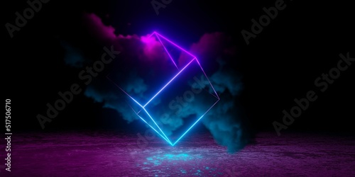 Abstract cyan blue and pink neon glowing wireframe cube with large smoke cloud and shiny floor photo