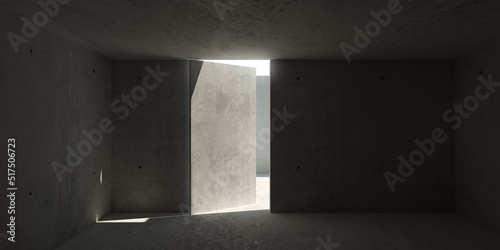Abstract empty  modern concrete walls room with door opening to the outside - industrial exterior background template