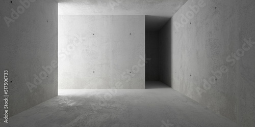 Abstract empty, modern concrete building corridor with dark, unlit room and rough floor - liminal industrial interior background template