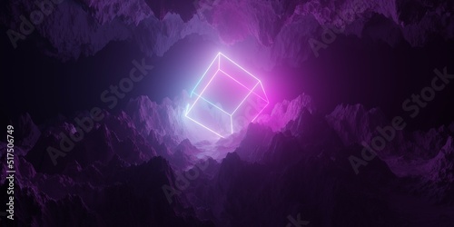 Abstract top and bottom mountain terrain landscape with pink and blue neon light glowing wireframe cube frame, retro technology or futuristic alien background template