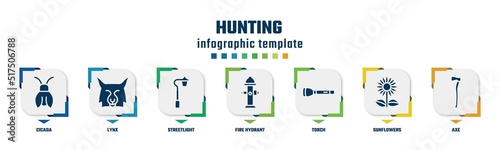 hunting concept infographic design template. included cicada, lynx, streetlight, fire hydrant, torch, sunflowers, axe icons and 7 option or steps.