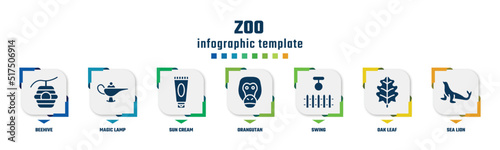 zoo concept infographic design template. included beehive, magic lamp, sun cream, orangutan, swing, oak leaf, sea lion icons and 7 option or steps.
