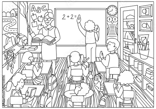 Teacher with children in class. Coloring page. Lesson in school classroom. Coloring book sketch vector illustration. Funny cartoon character. Worksheet. 