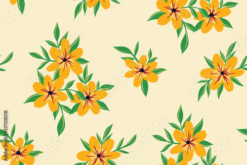 Seamless floral pattern with simple flowers composition in rustic style. Cute ditsy print, botanical background with small yellow flowers, green leaves on a light surface. Vector.