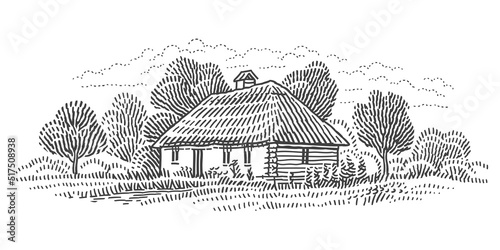 Rural old retro village house engraving line monochromatic illustration. Vector. 