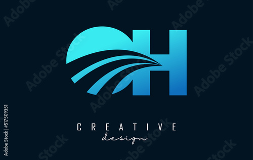 Creative blue letters OH o h logo with leading lines and road concept design. Letters with geometric design.