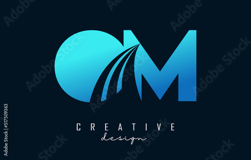 Creative blue letters OM o m logo with leading lines and road concept design. Letters with geometric design.