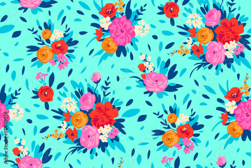 All over floral pattern with blooming small flowers on lea for digital wallpaper and apparel in ditsy style ,stylized vector template