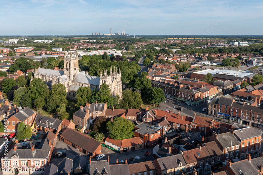 Aerial view of Selby cityscape skyline in North Yorkshire 