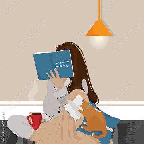 Vector illustration a girl reads a book with a cat