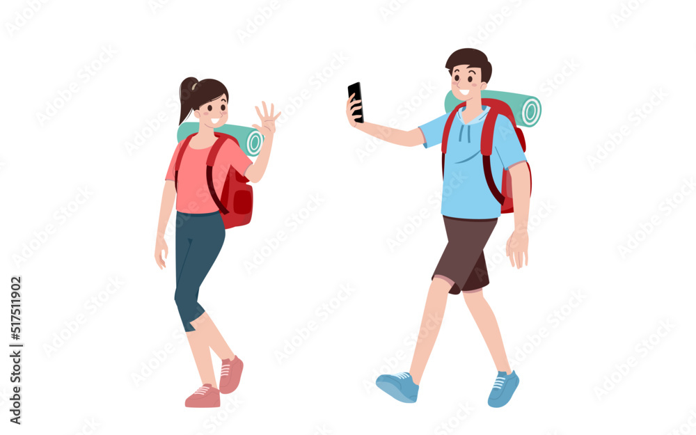 Group of young tourist characters. Traveling tourists with travel backpack going on vacation trip after covid-19 virus was diminish. Vacation people isolated vector. Summer character, woman and man. Group of young tourist characters. Traveling tourists with travel backpack going on vacation trip after covid-19 virus was diminish. Vacation people isolated vector. Summer character, woman and man.