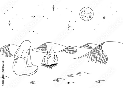 Human night desert bonfire graphic black white landscape sketch illustration vector