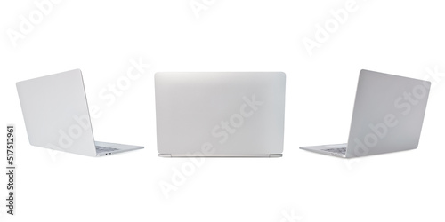 Rear view of three silver Laptop in angled position. mockup isolated on white background, mockup template