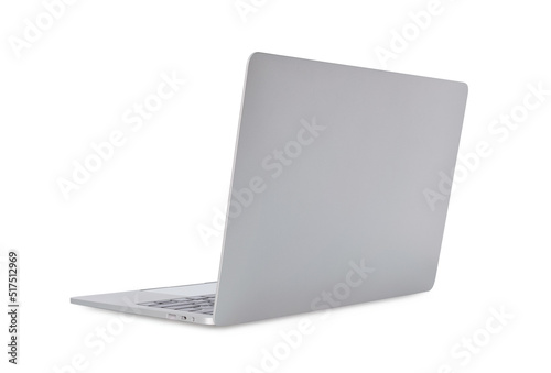 Rear view of silver Laptop in angled position. mockup isolated on white background, mockup template, with clipping path.