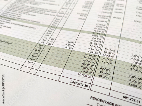 Wallpaper Mural MELAKA, MALAYSIA - MARCH 7: Selected focused on ledger accounts. Account reports are written on a table on paper. The values displayed are neatly arranged in the spreadsheet columns. Torontodigital.ca
