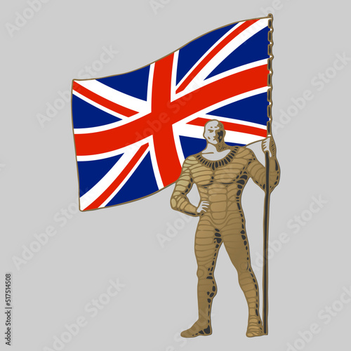 Man holding a flag of United Kingdom isolated on grey background. Stylized Vector illustration of a flag bearer.