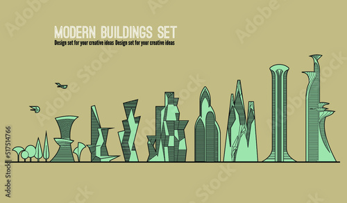 Modern skyscrapers collection. Conceptual architecture. Ski-fi Design buildings Set for your creative ideas. Flat design style. Vector
