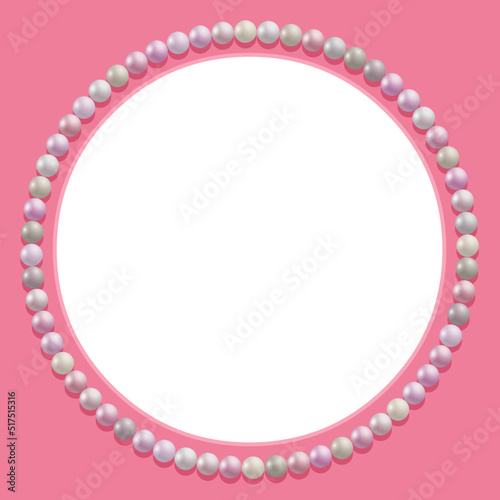 Pearl frame isolated on pink background with place for your picture and text. Great for baby announcement, Valentine's Day, Mothers Day, Easter, wedding, album cover. Design Template, 3d style. Vector