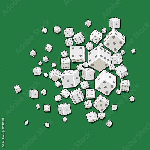 White 3d dices of different sizes isolated on green background. Abstract game design background. Dice gambling template concept. 3d style. Vector illustration