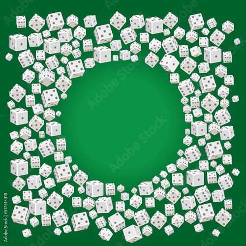 Round frame of white dices of different sizes isolated on green background with place for your text. Abstract casino design background, banner. Dice gambling template concept. 3d style. Vector.