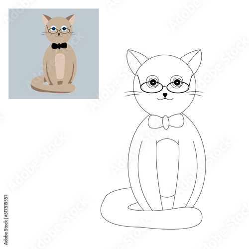 Beige Siamese cat intellectual with glasses and bow tie children's coloring book