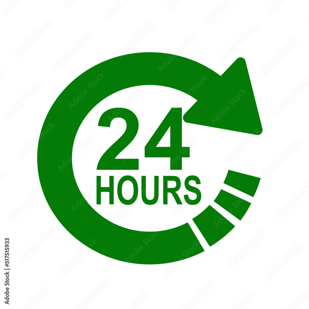 Green color of 24 Hours sign icon on white background. Green color of 24 Hours sign icon on white background.