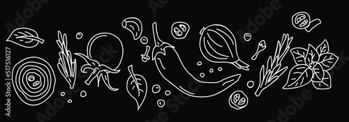 Spices and vegetables background. Vector background with handmade herbs and spices chalkboard. Sketch design. Engraved spice.
