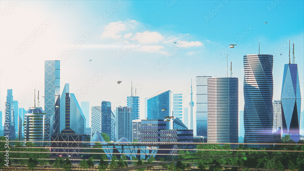 Naklejka premium Futuristic City Concept. Wide Shot of an Digitally Generated Modern Urban Megapolis with Rendered Skyscrapers, Cozy Park, Flying Vehicles. Daytime Cityscape Scenery of Financial District.