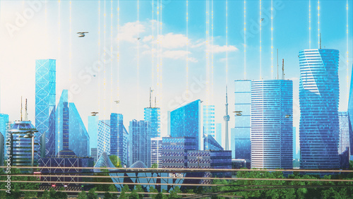 Futuristic City Concept. Wide Shot of Digitally Generated Modern Urban Megapolis with Rendered Skyscrapers Showing Global Big Data Connections, Information Flow and Artificial Intelligence Technology.