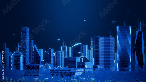 Futuristic City Concept. Wide Shot of Digitally Generated Modern Urban Megapolis with Rendered Skyscrapers Showing Global Big Data Connections  Information Flow and Artificial Intelligence Technology.