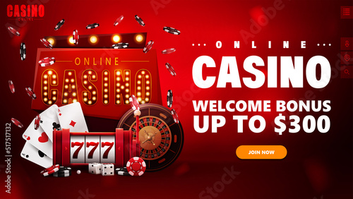 Online casino, red invitation banner for website with retro signboard, slot machine, Casino Roulette, poker chips and playing cards