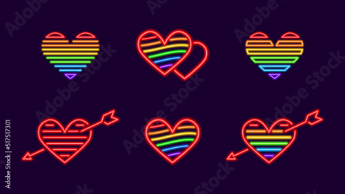 Rainbow neon hearts with arrow set. Symbol of free love glowing romantic symbol with lines. Joyful confession in vector feelings