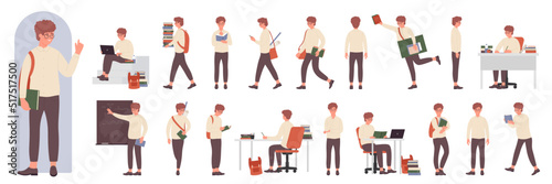 Boy pupil character learning set vector illustration. Cartoon clever funny nerd teenage with glasses reading paper books, serious and joyful genius student standing at blackboard isolated on white