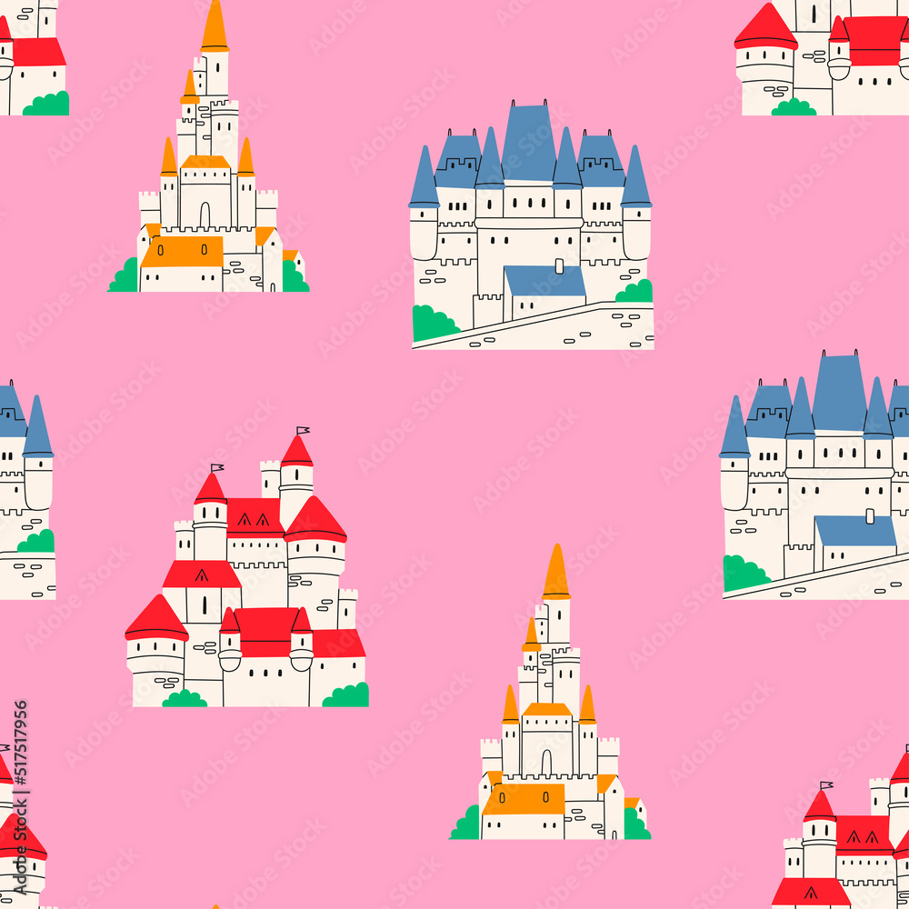 Medieval Castles. Royal kingdom towers, fortified palace. Old towers, fortress or fairy-tale stone castle. Cartoon style. Hand drawn colored trendy Vector illustration. Square seamless Pattern