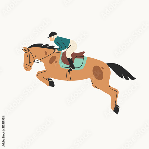 Jockey on racing Horse. Horseback riding, hippodrome racing, equestrian sport concept. Hand drawn colorful Vector illustration. Cartoon style, flat design. Isolated on white. Logo design template © Dariia