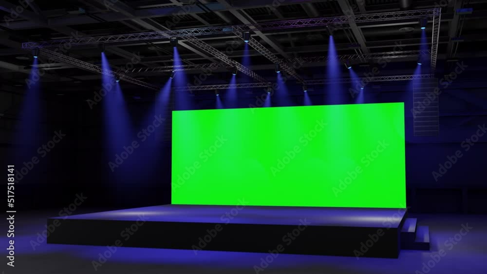 Motion Empty stage Design for mockup and Corporate identity,Display.Stage green screen in hall.Blank screen for Graphic Resources.Scene event led night light staging.Animation loop 4k.3D render.