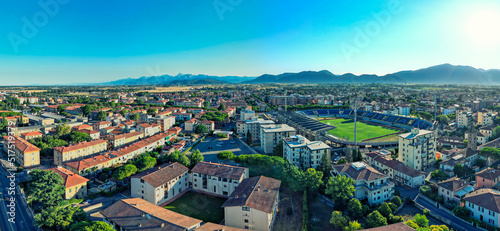 Pisa, Italy - Arena Garibaldi Stadium and city homes. Amazing panoramic aerial view at dawn