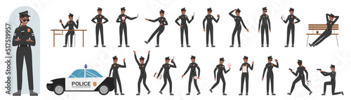 African american black female police officer character poses set vector illustration. Cartoon young woman uniform cap standing near car, holding pistol and walkie talkie, traffic ticket and coffee