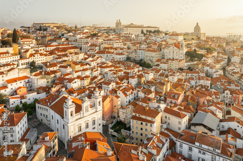 Aerial panoramic view of downtown of Lisbon at sunrise, Portugal