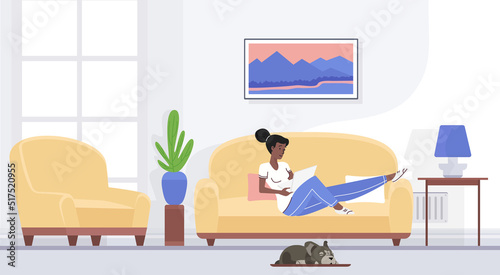 Rest and relax of woman with laptop lying on sofa in living room interior vector illustration. Cartoon carefree girl resting on couch of modern comfortable home apartment background. Leisure concept