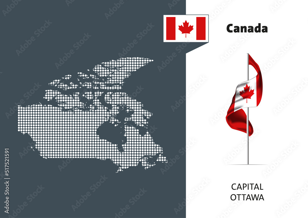 Flag of Canada on white background. Dotted map of Canada with Capital ...