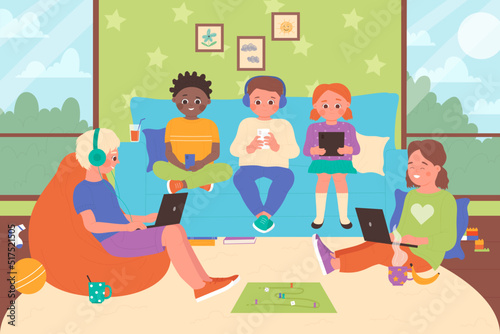 Kids using mobile phones, tablet and laptop for online games and study vector illustration. Cartoon happy friends sitting on couch in home interior background. Internet addiction problem concept