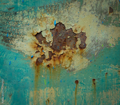 Red iron rust on the wall. Surface wall color crack. Color degradation from water for long time. Rust corrosive on metal surface 