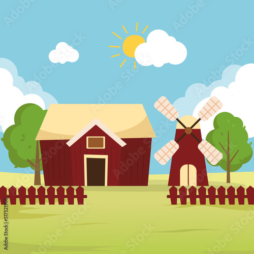 Fototapeta Naklejka Na Ścianę i Meble -  Farm scene with red barn and windmill