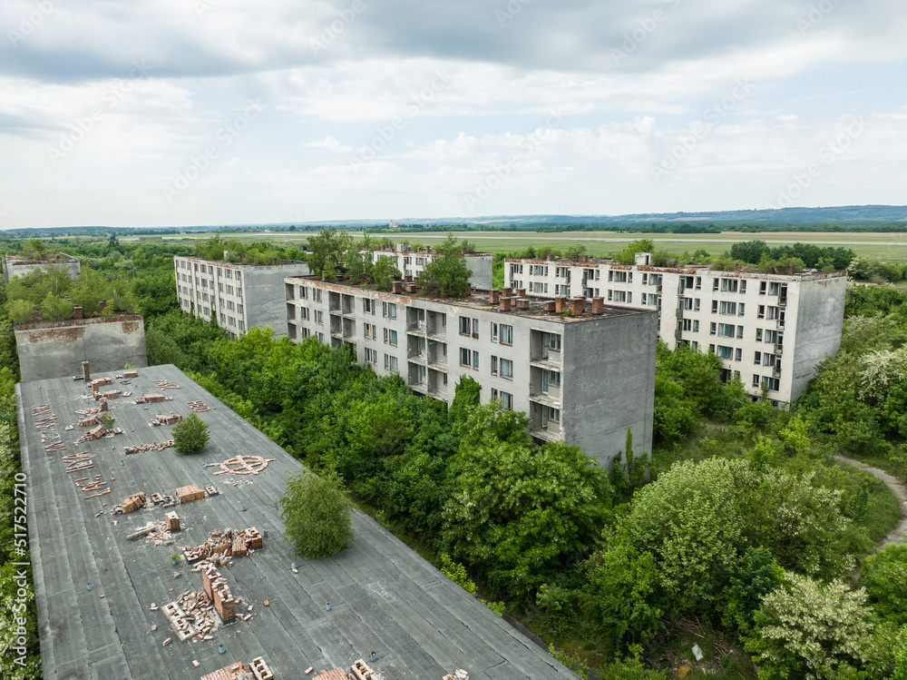 Aerial view of an abandoned housing estate in the village of Sarmellek in Hungary