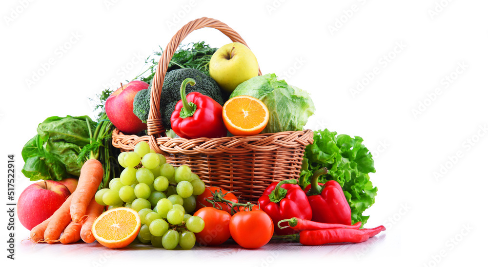 Fresh organic fruits and vegetables in wicker basket Fresh organic fruits and vegetables in wicker basket